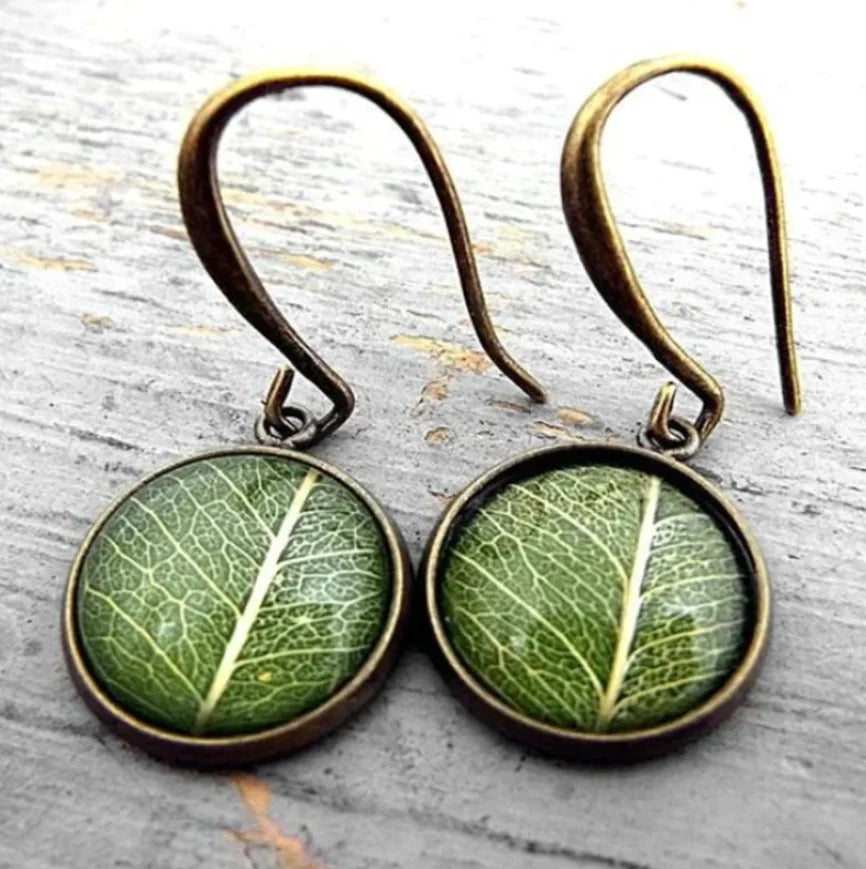 Copper Resin Green Leaf Drop Earrings