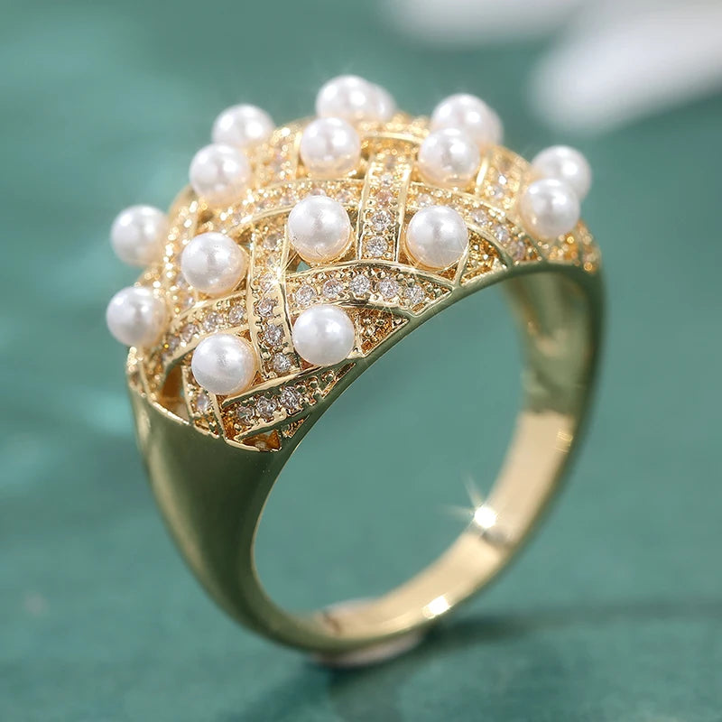 Cubic Zirconia Luxury Faux Pearl Gold Plated Copper Cocktail Ring